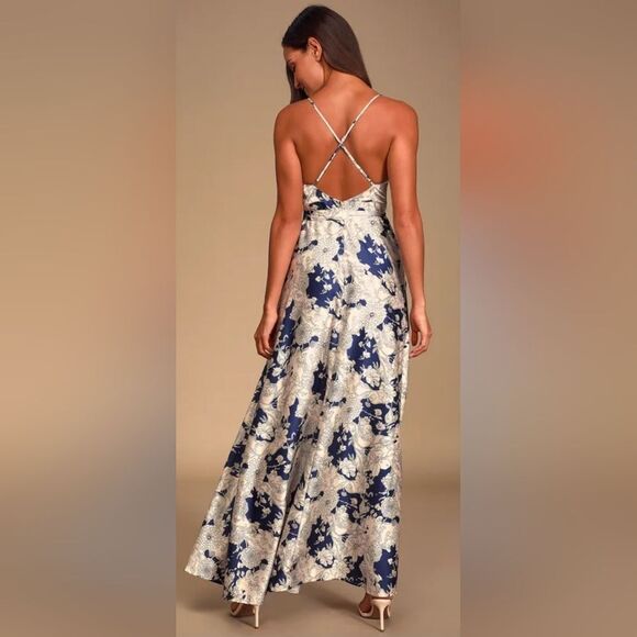 Lulus Tea Gardens Navy Blue Floral Print Satin Maxi Dress NWT Small blue/white - Picture 2 of 7
